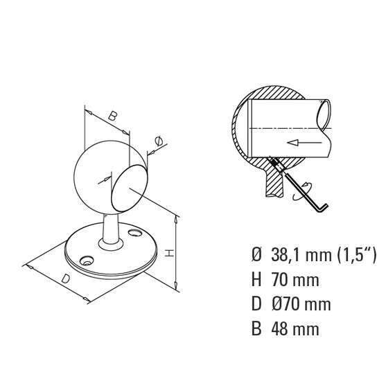Rohrendhalter für Rundrohr Ø 38,1 mm (1,5 inch)