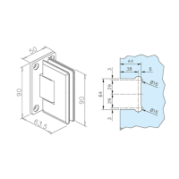 Türscharnier 90°  Glas-Wand-Montage, justierbar für Glasstärke 8 - 10 mm Chrom Design