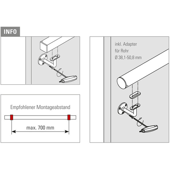 Handlaufstütze Wandbefestigung für Rundrohr und Vierkantrohr offene Verschraubung