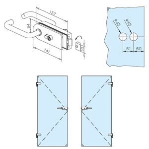 Glastür-Schlosskasten für WC mit Drückern für Glasstärke 8 - 10 mm