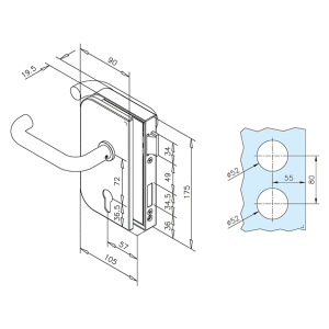 Glastür-Schlosskasten mit Drückern, Öffnungsrichtung rechts, für Glasstärke  8-12mm