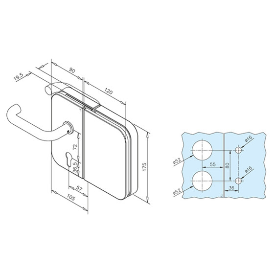 Glastür-Schlosskasten mit Drückern und Riegelaufnahme, Öffnungsrichtung rechts, für Glasstärke  8-12mm
