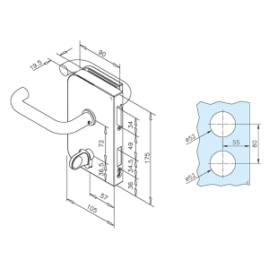 Glastür-Schlosskasten für WC mit Drückern, Öffnungsrichtung links, für Glasstärke 8-12 mm