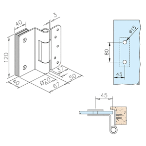 Glastür-Scharnier für Glas-Holzzarge-Montage für Glasstärke 10 - 12 mm