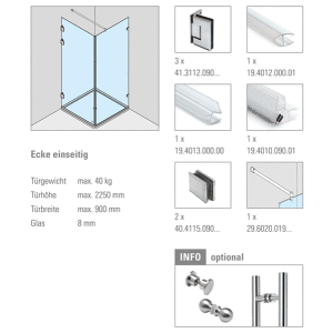 Ganzglasdusche 4010 Ecke einseitig für Glasstärke 8 mm Edelstahl-Design