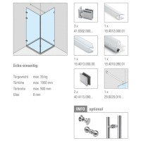 Ganzglasdusche 4011 Ecke einseitig für Glasstärke 8 mm Edelstahl-Design