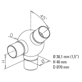 Kugelrohrverbinder 45° mit 1 Abzw, Ø 38,1 mm (1,5 inch)